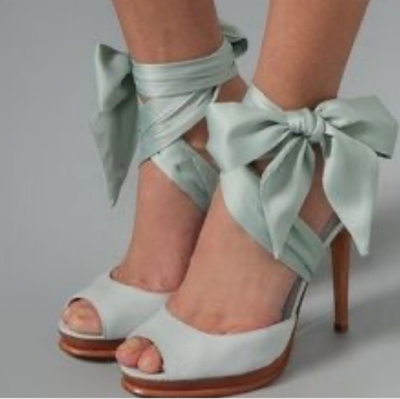 Diane Von Furstenberg Eva Mint Green Satin Wrap Suede Heels 7.5 - Picture 1 of 16